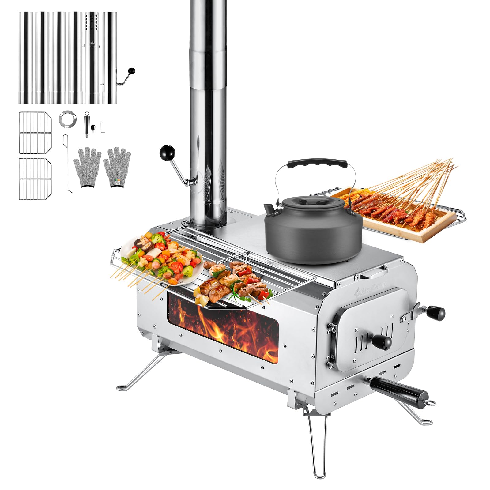 KingCamp Hot Tent Stove, Foldable Camping Stove with Large Firebox, 6.6ft Winter Camping Stove for Tent, Shelter, Cabin Heating, With Chimney Pipes, Heat Resistant Glass & Gloves for Outdoor