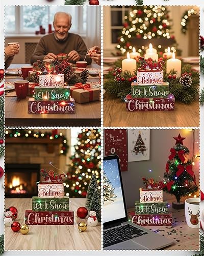 Vista 5 de 5 piezas de decoración de mesa de invierno de madera de cacao caliente con luces, centro de mesa, bandeja escalonada de invierno, decoración