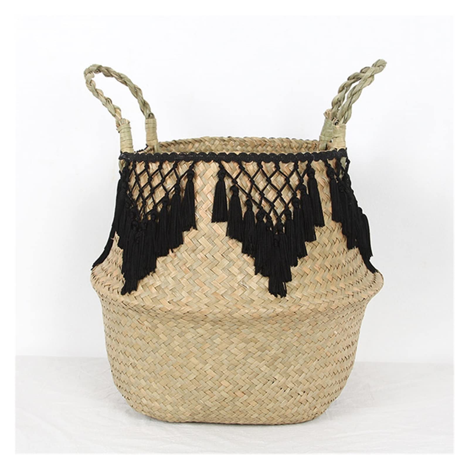 yaoqijie Trawa morska kosz do przechowywania koronkowy kosz na pranie naturalny rattanowy kosz na kwiaty słomiany organizer na zabawki czarny biały lasting (Color : schwarz, Size : 32x28CM)
