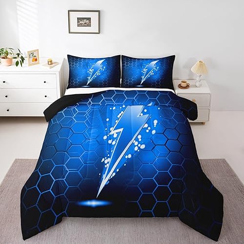 Miniatura 2 de Manfei Juego de edredón con diseño de flash de juego para decoración de habitación de niños, con puntos brillantes, color azul, tamaño matrimonial,
