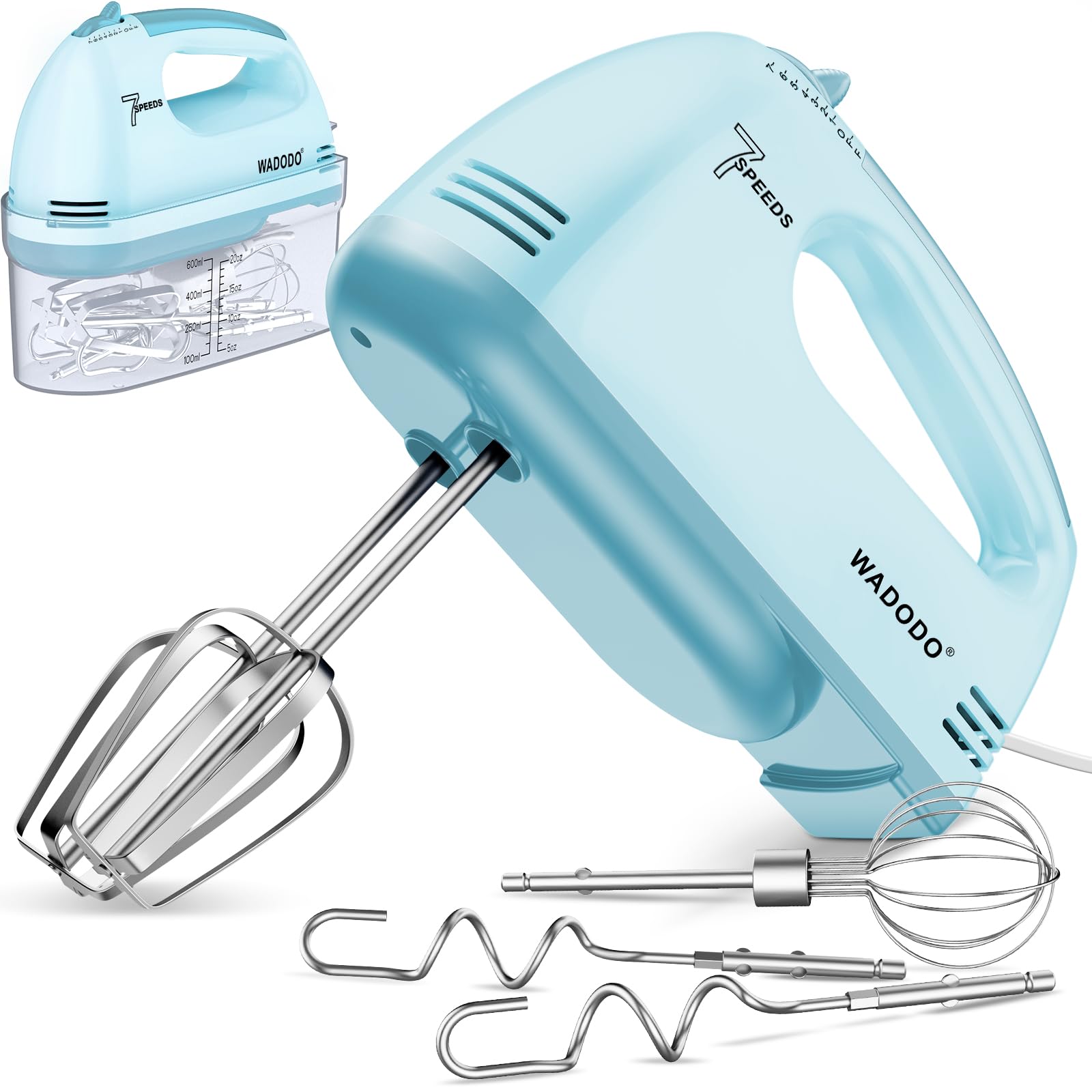 WADODO 7-Speed Electric Hand Mixer – Portable Food Mixer Kitchen Mixer with 304 *(1x Whisk, 2x Beater, 2x Dough hook) (1xStorage Box) for Baking Cakes, Cream, Cookies, Blue