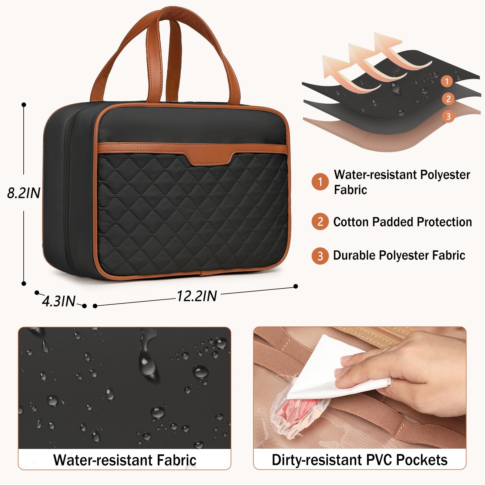 Beauty case da viaggio da donna da appendere, organizer da viaggio per articoli da toeletta di dimensioni standard, borsa da viaggio portatile impermeabile con gancio per appendere e 4 scomparti per