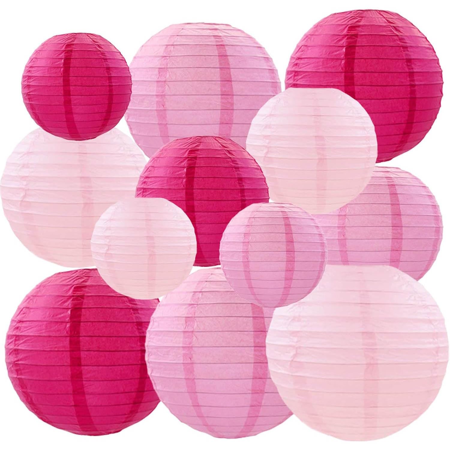 Pink Paper Lanterns Decorative,Hanging Chinese Lanterns Indoor Outdoor for Birthday, Wedding, Christmas, Bridal, Home Decor, Ceiling Decorations(Size of 4”, 6”, 8”, 10”,12Pcs)