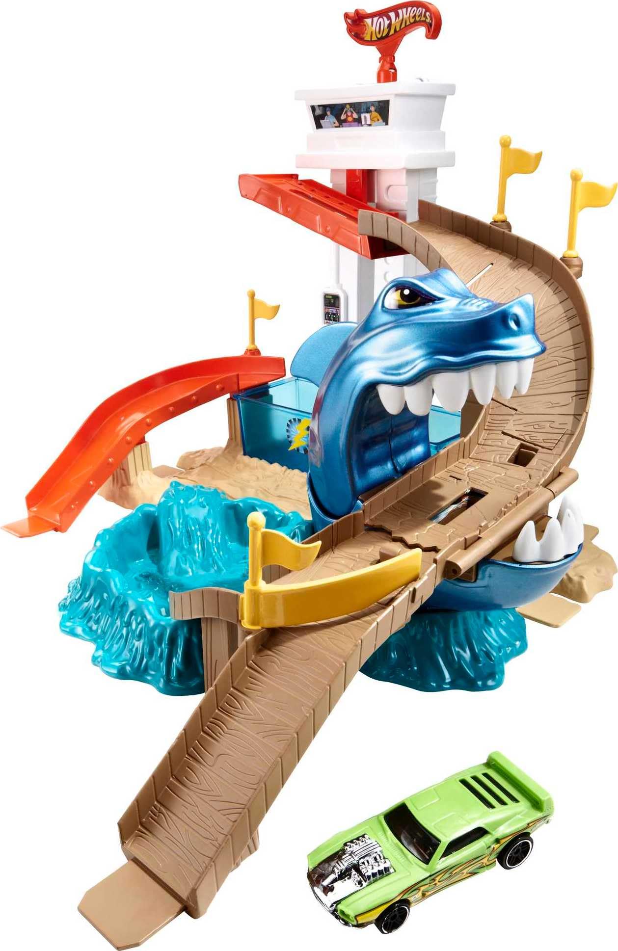 Hot Wheels Piste Attaque Requin, Coffret de Jeu avec 2 Zones de Changement de Couleur et Un véhicule Color Shifters Inclus, Jouet pour Enfant, BGK04