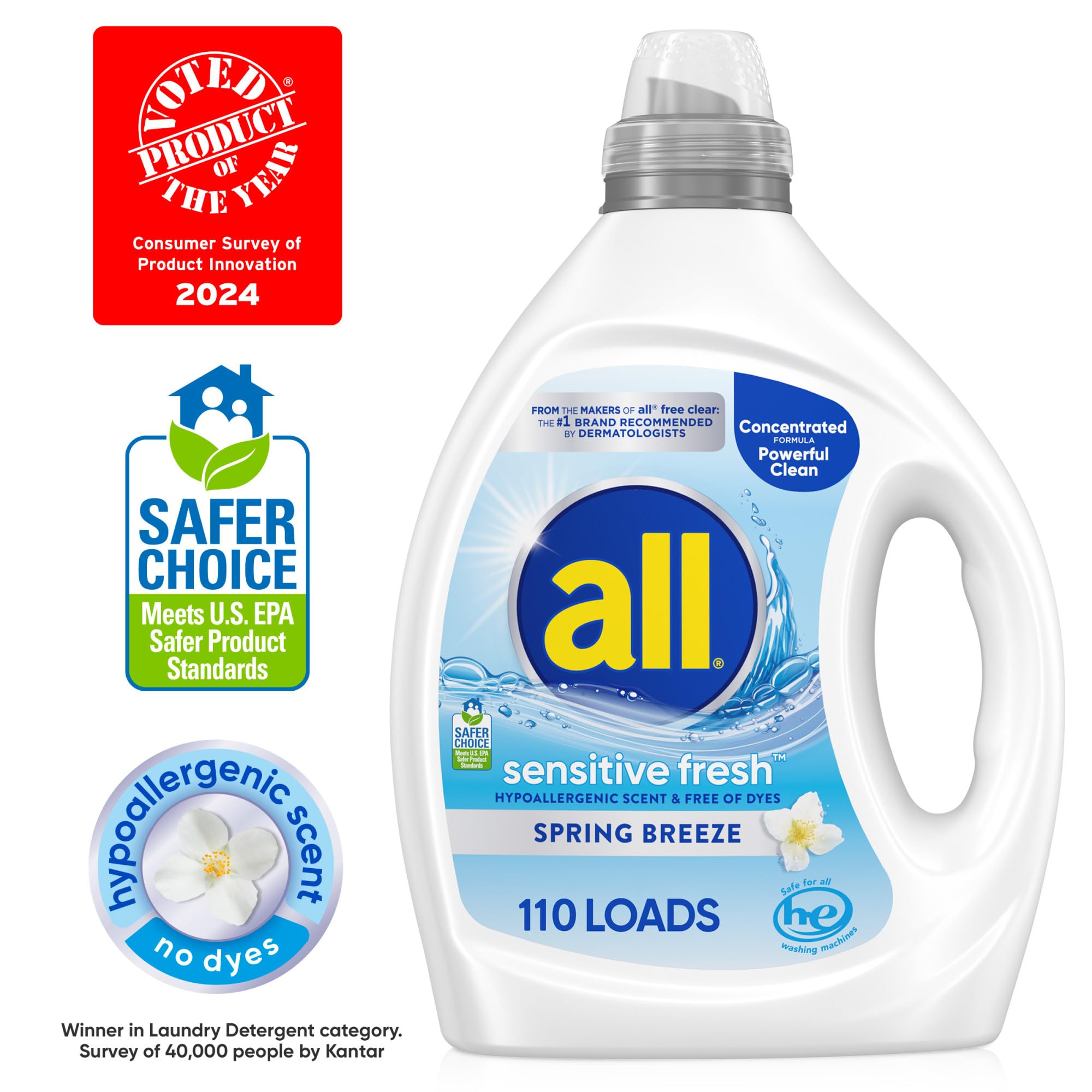 all Sensitive Fresh Detersivo liquido per bucato, ipoallergenico, profumo di brezza primaverile e privo di coloranti, delicato per pelli sensibili, 2,34 g, 110 lavaggi, compatibile con HE