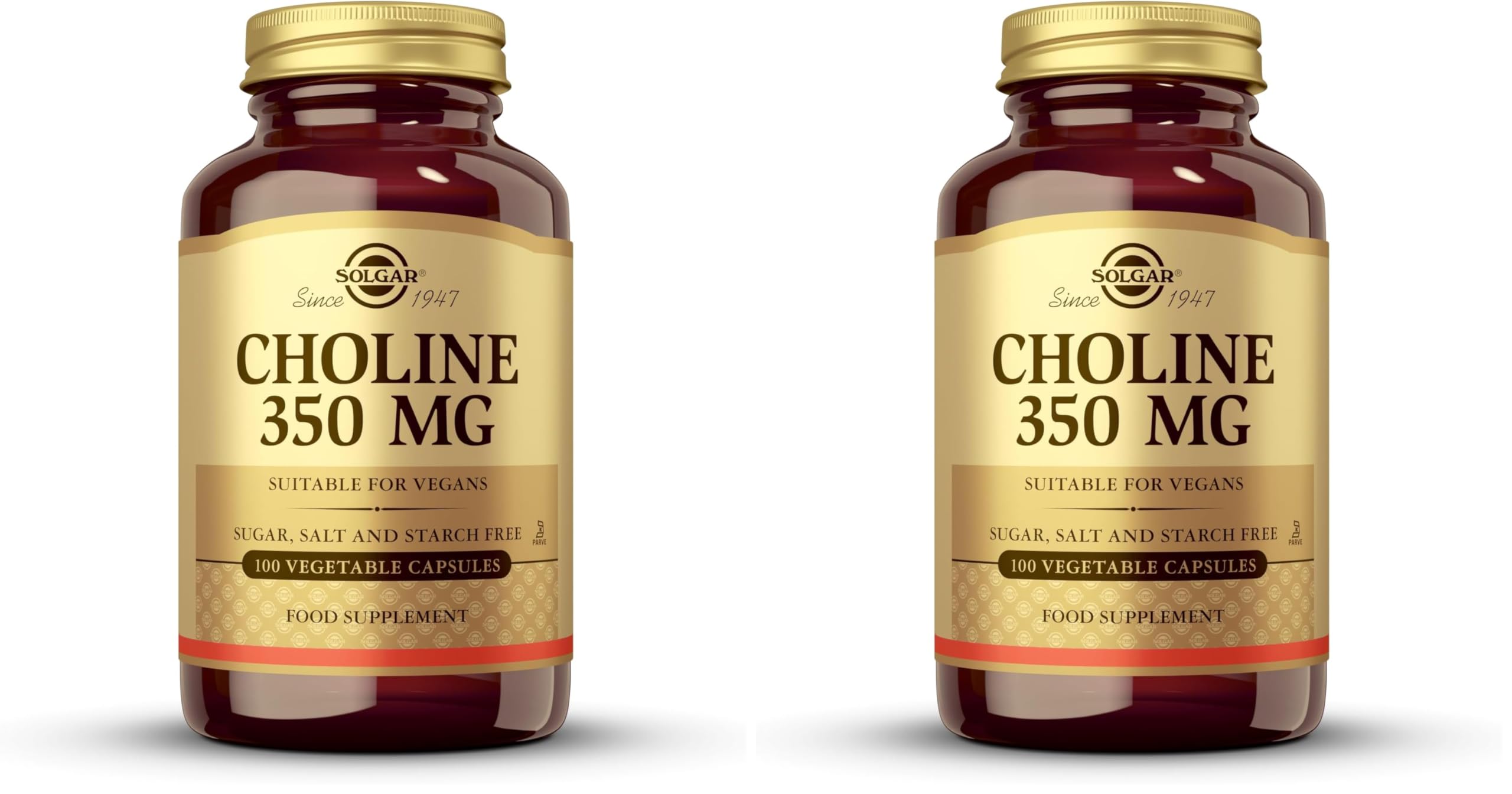 Solgar Choline 350 mg, 100 Vegetable Capsules - Supports Healthy Brain & Cellular Function - Vegan, Gluten Free, Dairy Free, Kosher - 100 Servings,(Pack of 2) 100 Count (Pack of 2)
