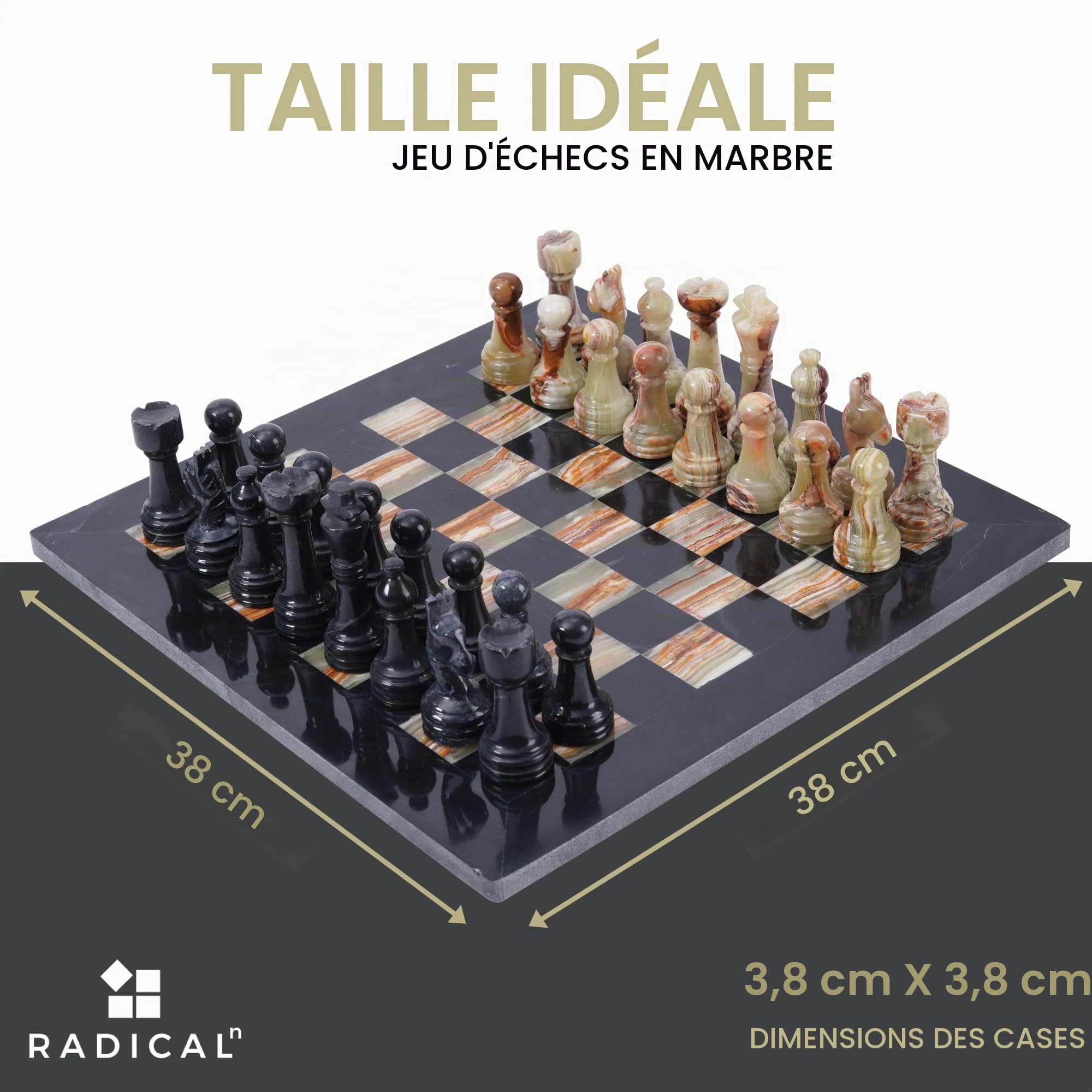 Radicaln Jeu d'échecs en marbre 38,1 cm Noir et Multi-Vert Fait à la Main – 1 échiquier et 32 pièces d'échecs – Jeux de société pour 2 Joueurs pour Adultes – Jeu d'échecs