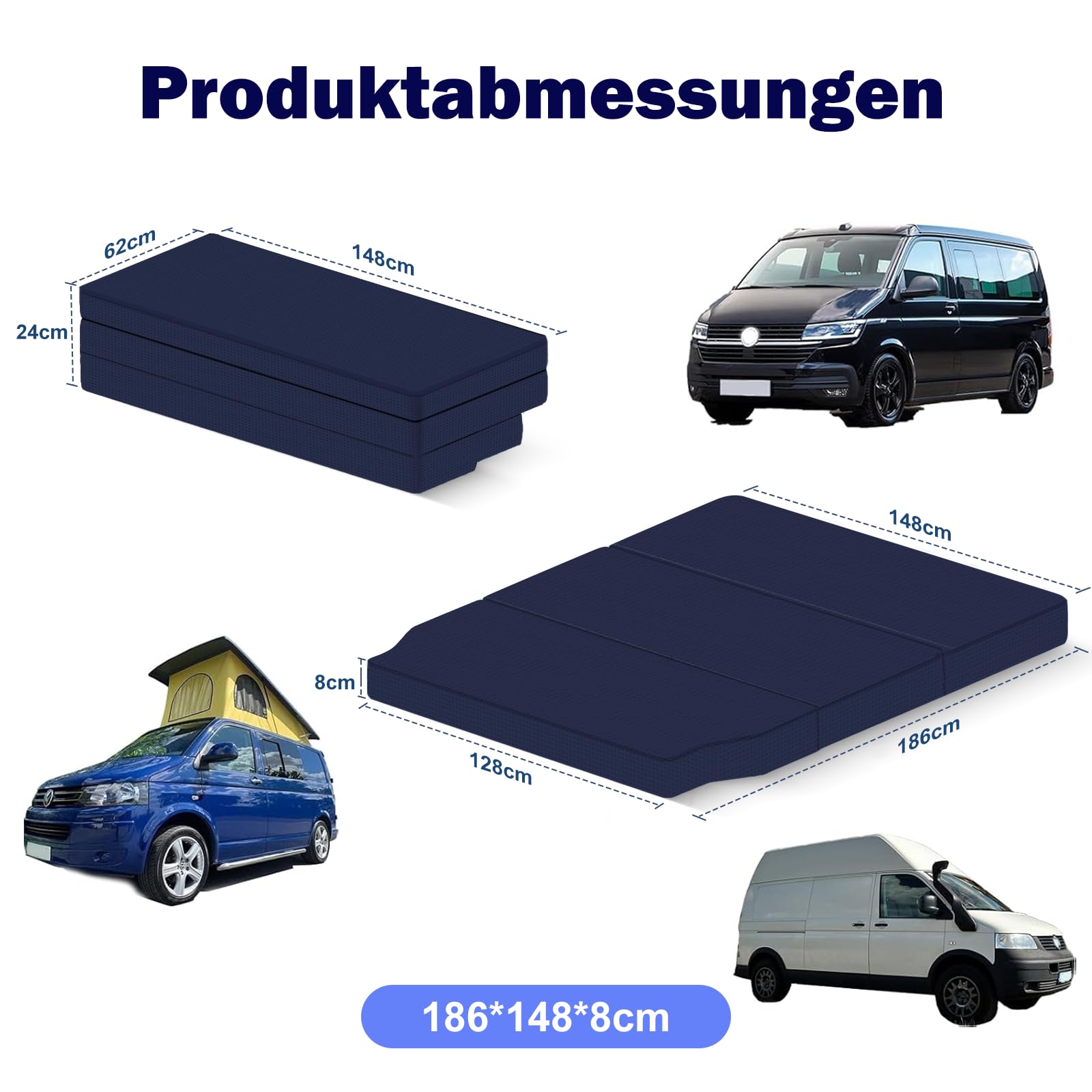 Atmungsaktive kühle komfortable Stoff-Automatratze zum Zusammenfalten kompatibel mit VW T32 T4 T5 T6 T6.1 T7 Multivan California Beach Caravelle Transporter Maße:186×148×8cm Wohnmobil Camper Zubehör
