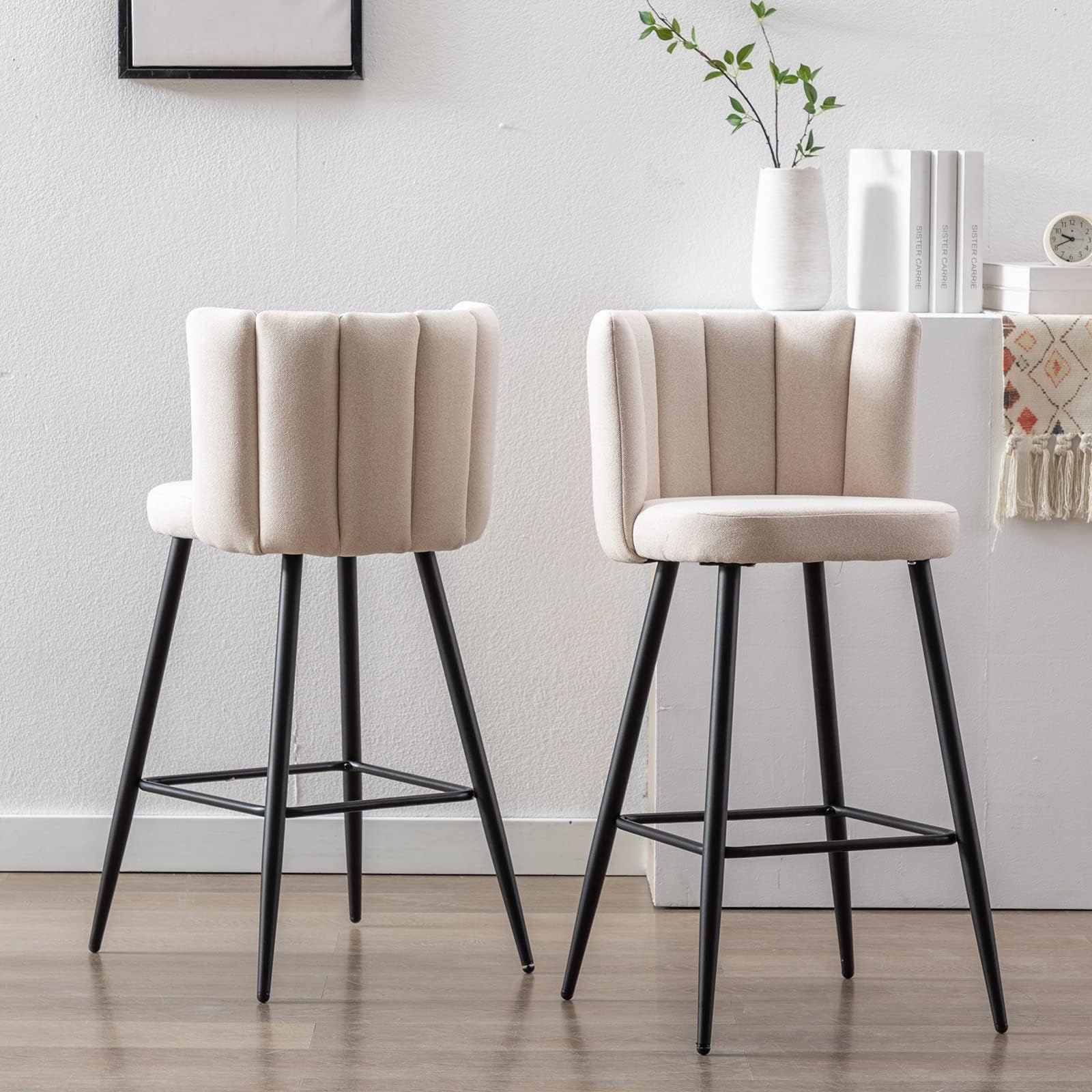ZHENGHAO 30'' Bar Stools Set of 2 Linen Fabric Bar Height Chairs with Back Upholstered Kitchen Counter Stools Modern Barstools for Breakfast/Dining