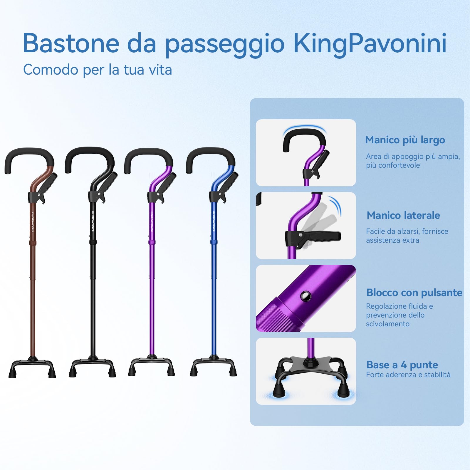 KingPavonini Bastone da passeggio per donne/uomini con manico secondario, pieghevole e regolabile, con base a 4 punte per stare in piedi, bastone da passeggio leggero per anziani e adulti