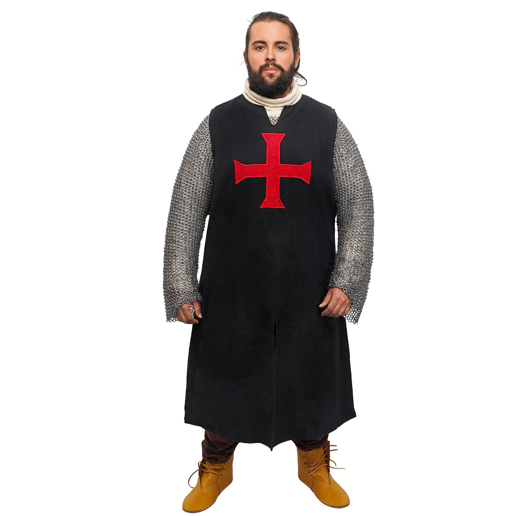 House of Warfare Men's Crusader Tabard Costume - Medieval Knight Renaissance Warrior Tunic, 100% Cotton for LARP, Cosplay (Cut Sleeves - Black, Large)