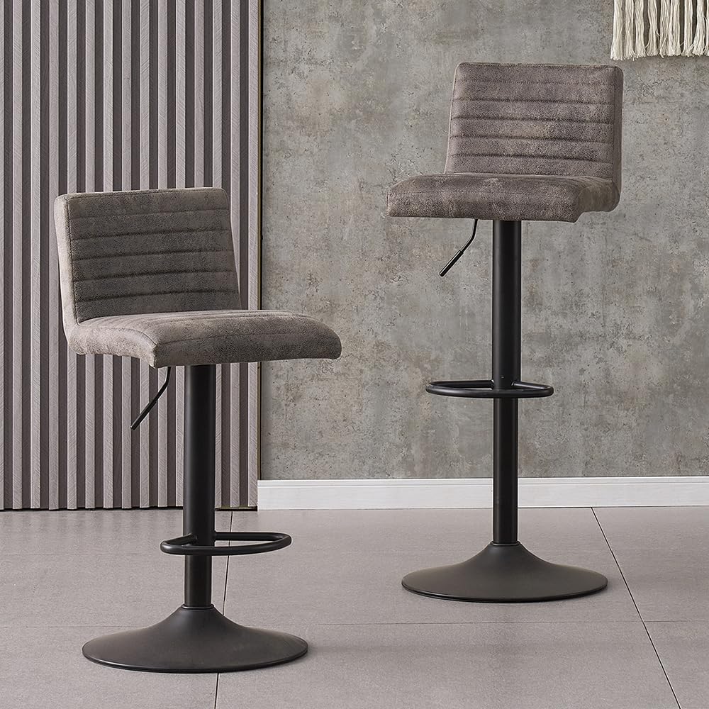 AINPECCA Swivel Bar Stools Set of 2- Vintage Suede Fabric Grey Barstools with Black Base, Kitchen Island Stools