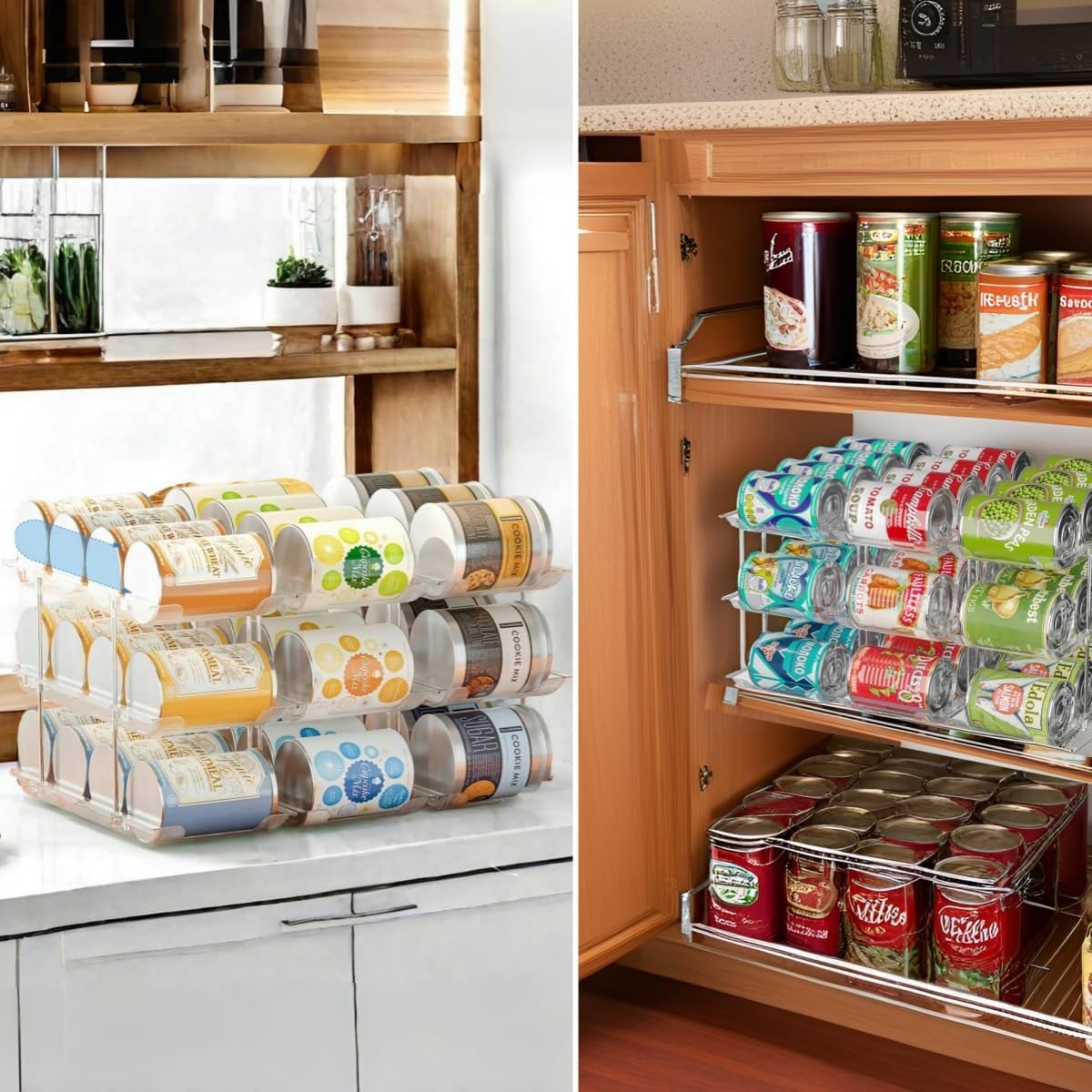 Organizador de latas para despensa, 3 juegos de 4 niveles, organizador de latas de refresco para refrigerador, estante de 36 latas, organizador automático apilable de alimentos enlatados, transparente