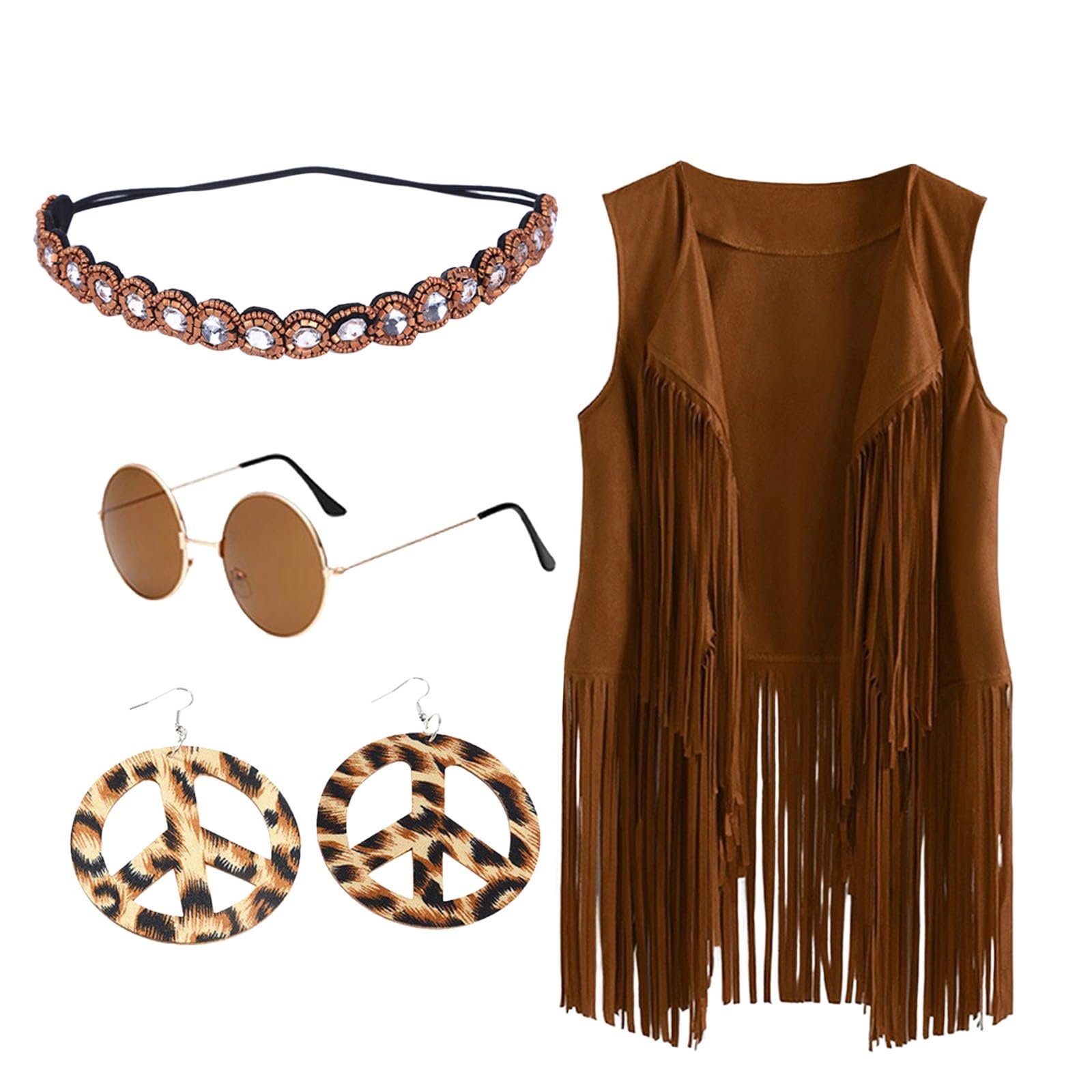 KBOPLEMQ Hippie Costume Women's Set Brown Fringe Vest Hippie Bolero Carnival Fancy Dress Costumes 4 Pieces Set Halloween Fringe Sleeveless Vest Hippie Clothing 60s 70s Clothing Disco Outfit