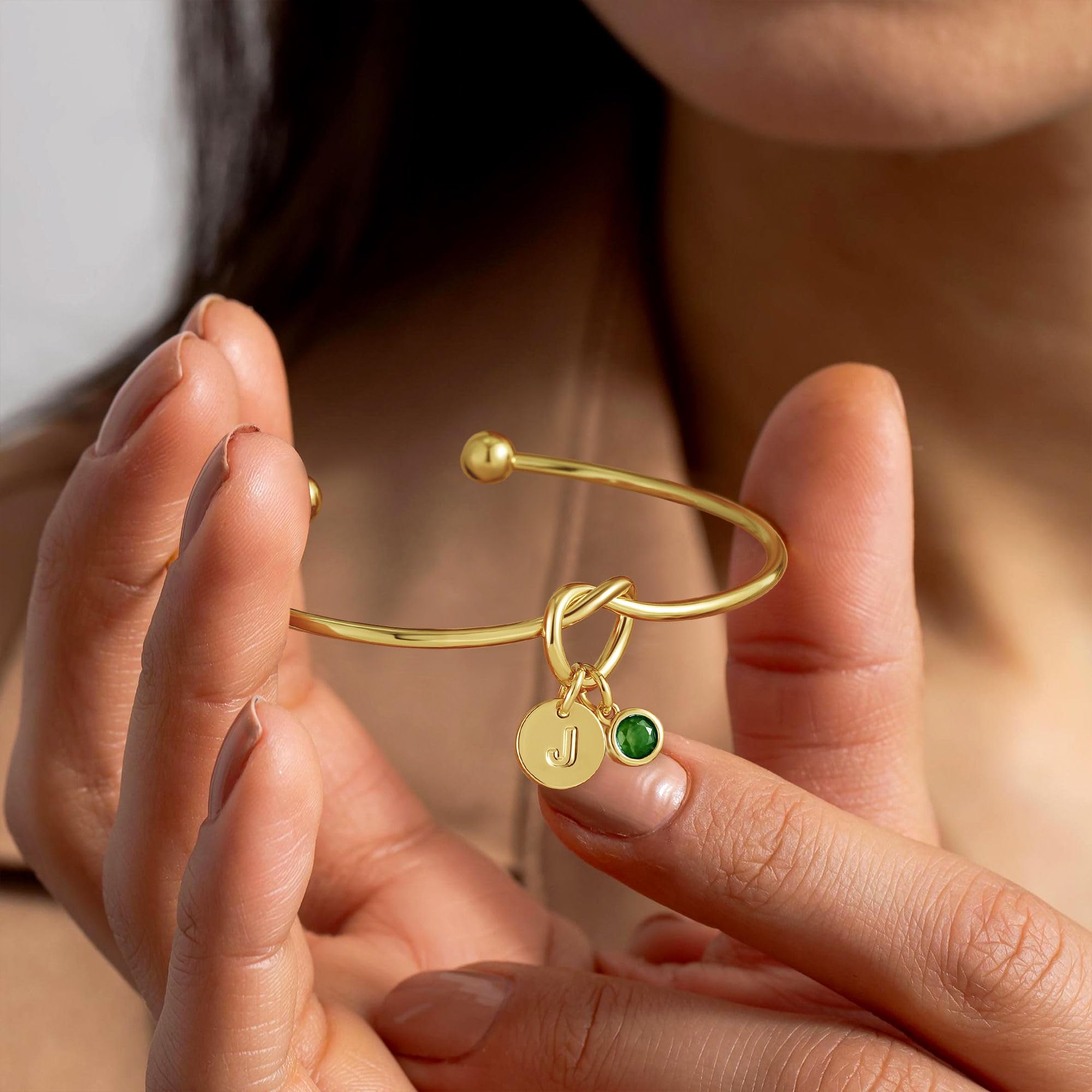 Turandoss Initial Created Birthstone Bracelets for Women Trendy - Dainty 14K Gold Plated Initial Birthstone Knot Cuff Bangle Bracelet - Jewelry Birthday Bridesmaid Proposal Gifts for Women Teen Girls