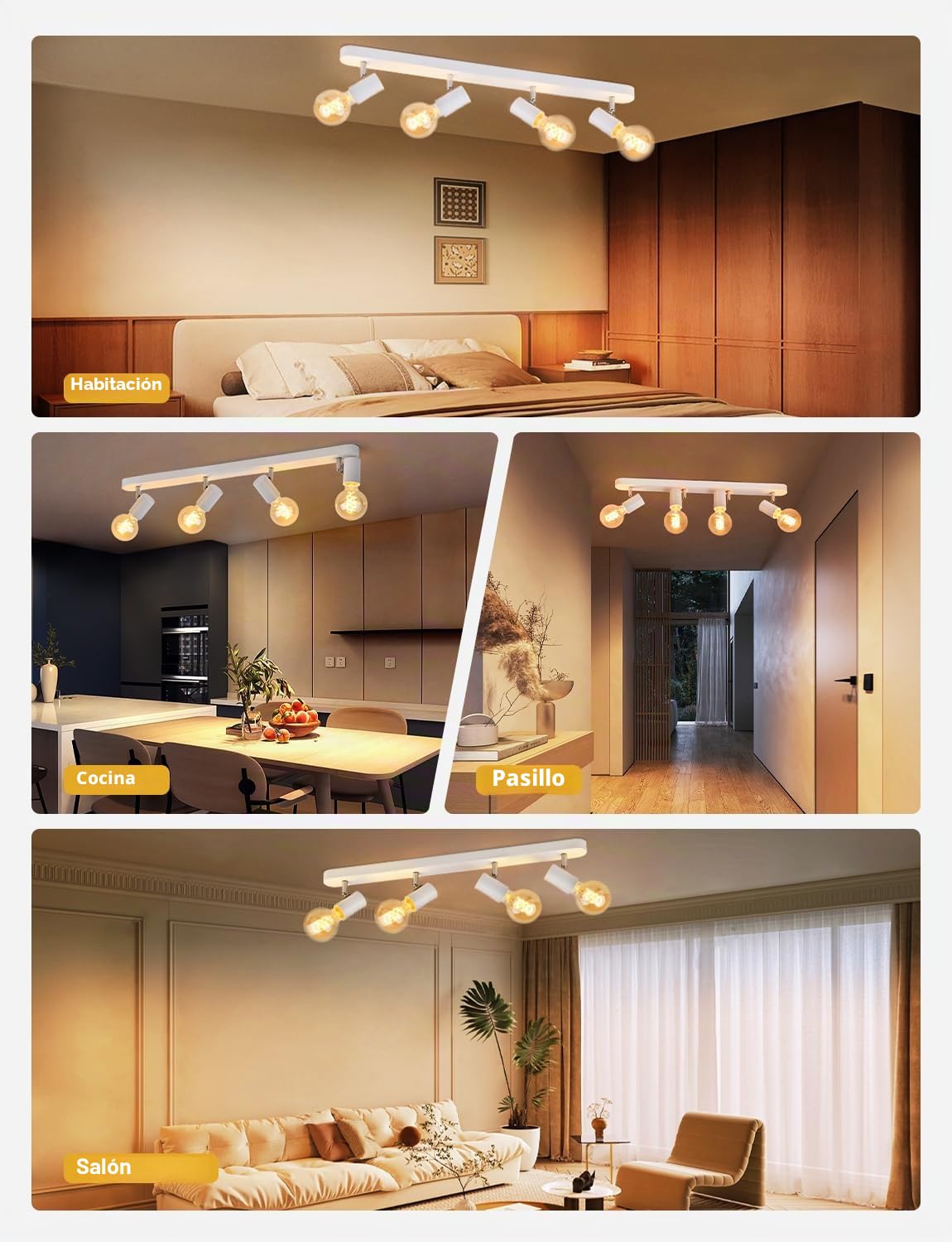 KYOTECH Lámpara de Techo con 4 Focos Blanco, Plafón LED Techo E27 Ajustables y Giratorios, Retro Aplique Pared Bombilla E27 para Interiores Dormitorio Sala Cocina Corredor, Max. 60W, Sin Bombilla