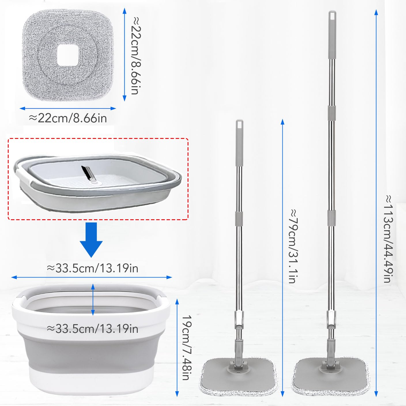 Sgizoku Balai serpillère avec seau pliable, serpillère rotative à 360° avec presse, lavage et séchage, avec 2 tapis de serpillère en microfibre réutilisables pour tous types de sols