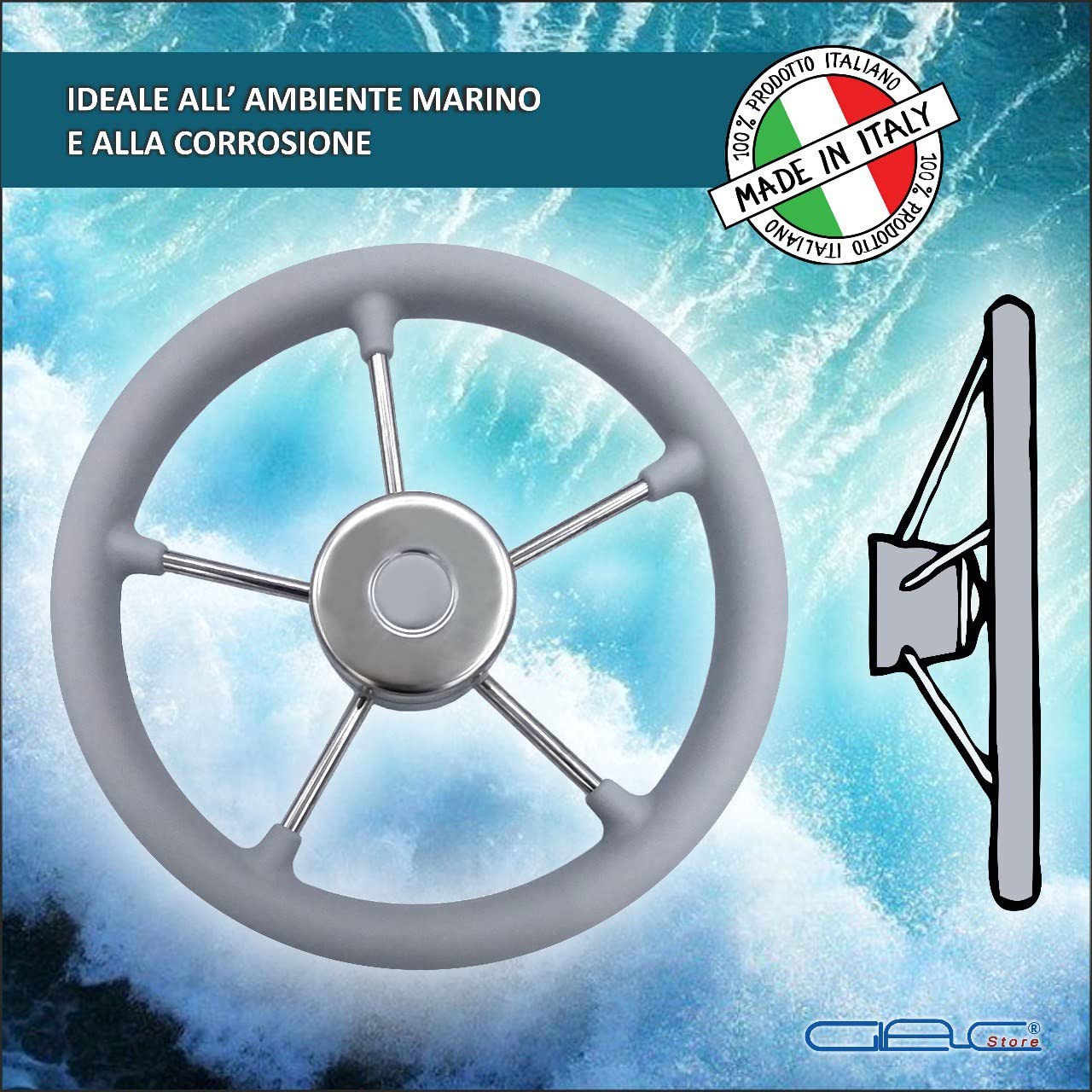 Glac Store® Volante Timone Nautico Bianco Grigio Nero per Barca a 5 razze in Acciaio Inox Impugnatura in Poliuretano Diametro Ø 32,5 35 40 cm (Diametro 32,5cm GRIGIO)