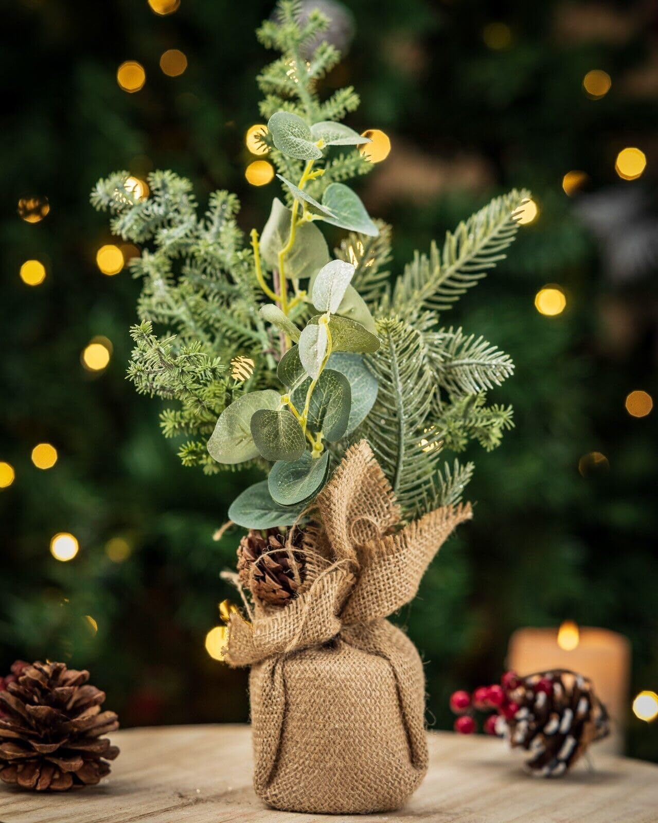 Marco Paul Small Artificial Christmas Tree - 38cm Potted Mini Xmas Tree In Jute Bag Tabletop - Eucalyptus Xmas Tree Ornament For Christmas Table Decorations, Centrepiece, Home Decoration & Gifts