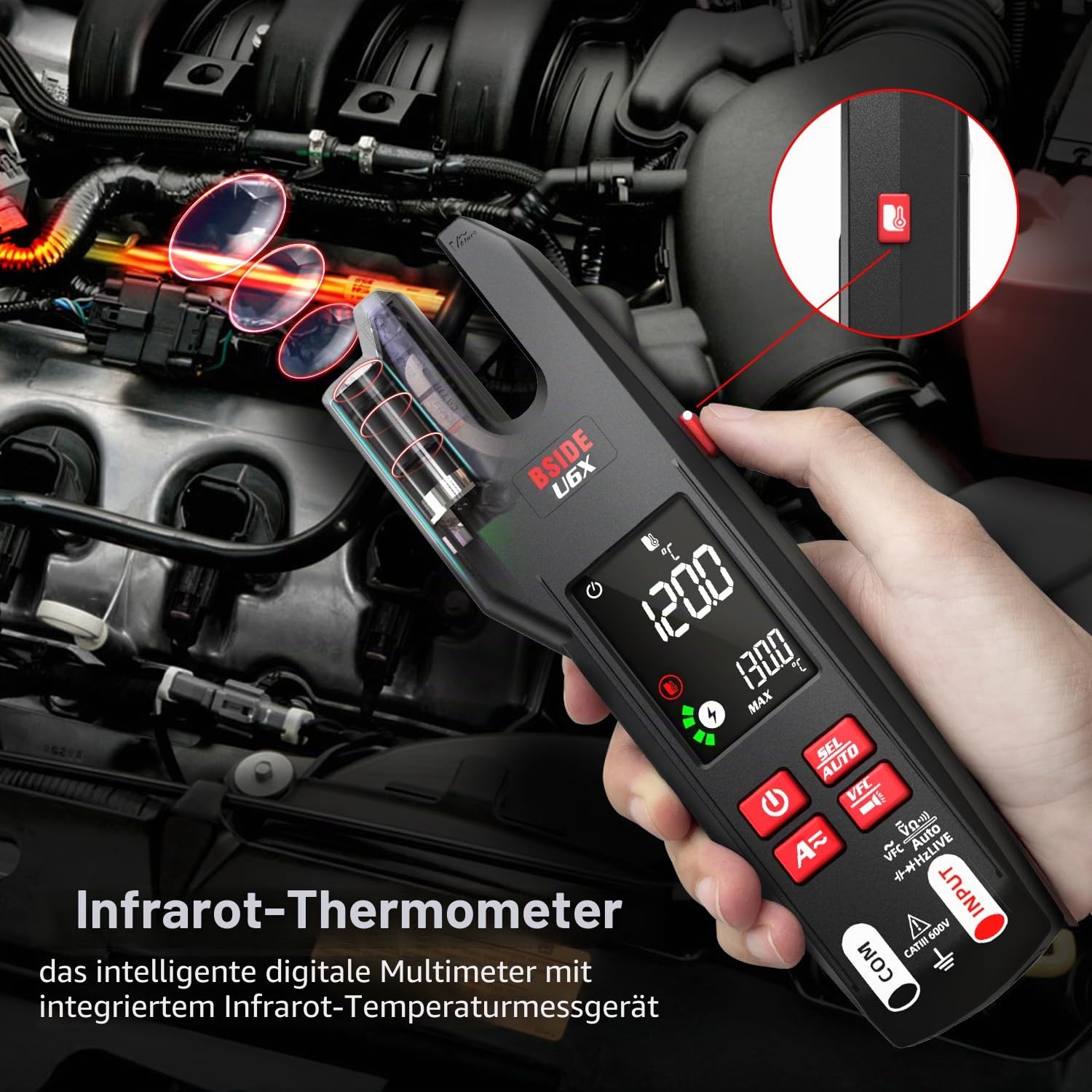 BSIDE U6X Elektrischer Tester Stromzange, offen, AC DC 600 A mit Infrarot-Thermometer, verbessert, 12:1, LCD, Farbe 9999, VFC-Zählungen, Digital, intelligent, TRMS mit wiederaufladbarem Akku