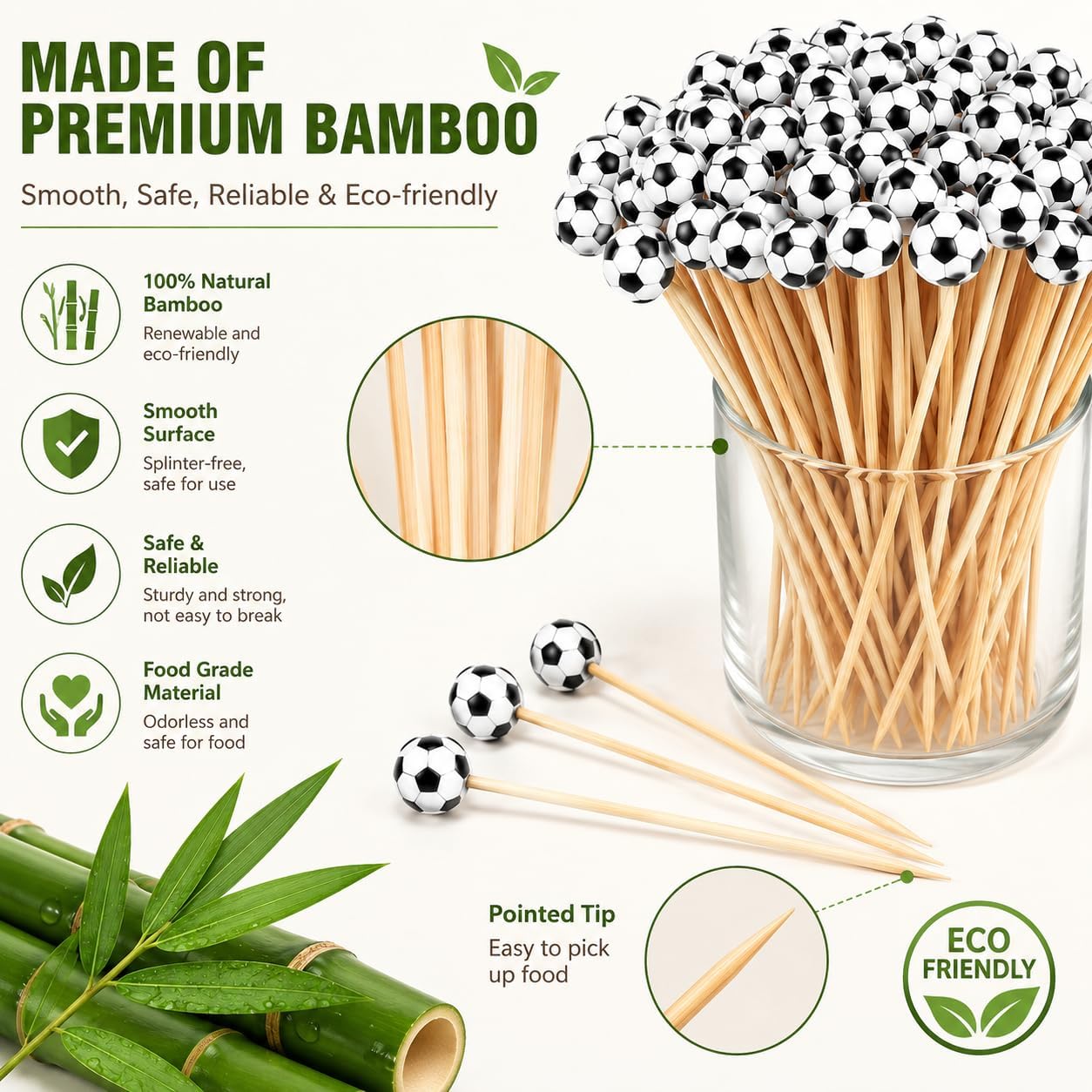 100 PCS 3D Soccer Ball Cocktail Picks with 50 PCS Soccer Stickers, Premium Bamboo Food Picks for Appetizers, Cupcakes, Charcuterie Boards, Soccer Birthday Party Decorations Supplies