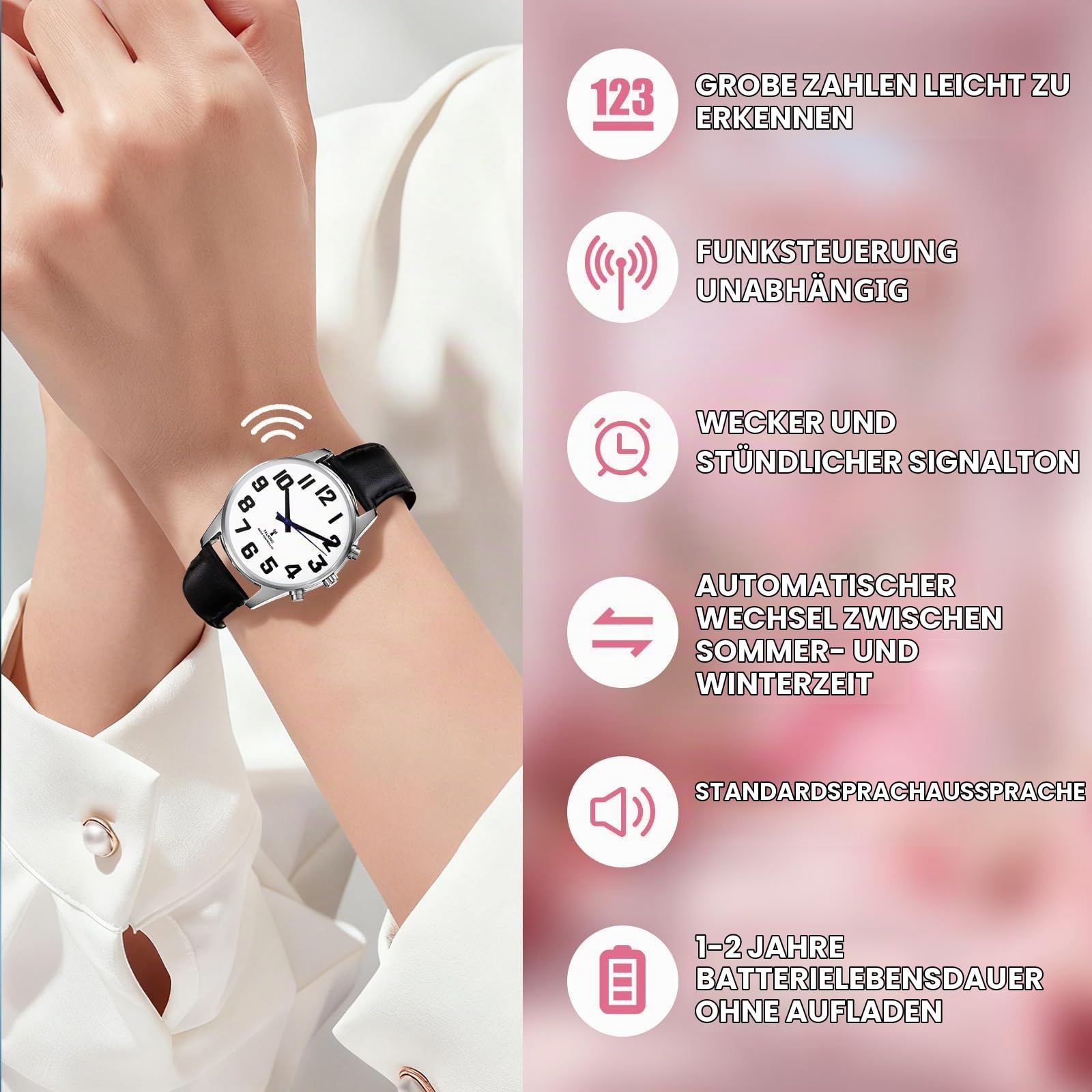 Sprechende Uhr für Damen für Blinde Senioren mit Sehbehinderung, Laute und klare Stimme,Spricht Deutsch