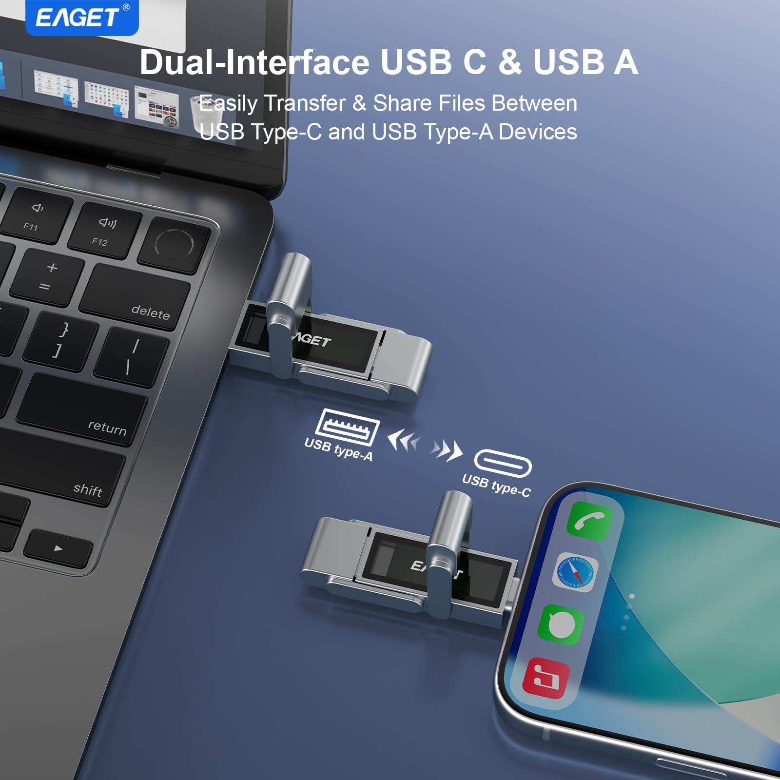 Eaget Chiavetta USB 3.2 a doppia porta da 512 GB (USB-C + USB-A) – 560 MB/s ad alta velocità Solid State Thumb Drive per iPhone 15/16/17 Pro, Android, Mac, PC, PS5 – SSD portatile in metallo