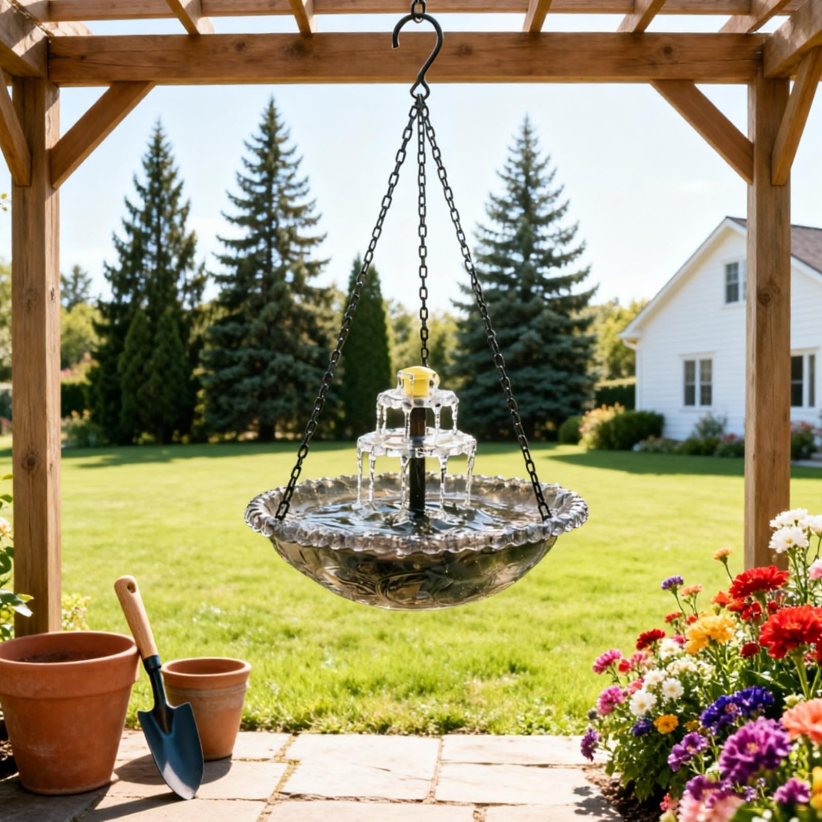 Gartendeko Vogeltränke Hängend Solarbrunnen mit Haken Springbrunnen Solar Vogeltränke Winterfest Metall Vogelbad Garten Futterspender Vögel für Vögel Outdoor 23,5X46cm (D) - 5