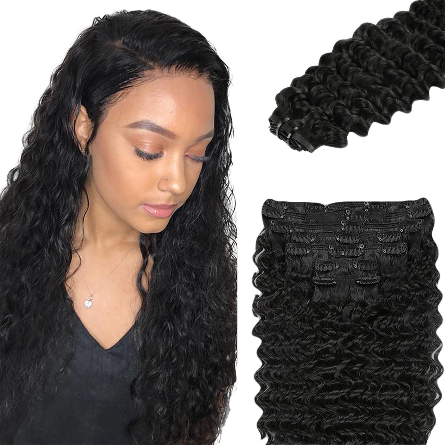 Photo 1 of #1B Deep Wave Clip in Hair Extensions,26 Inch Soft Real Human Hair,Natural Black Clip ins 120g 7pcs Per,Brazilian Double Weft Remy #1B Human Hair Extensions.