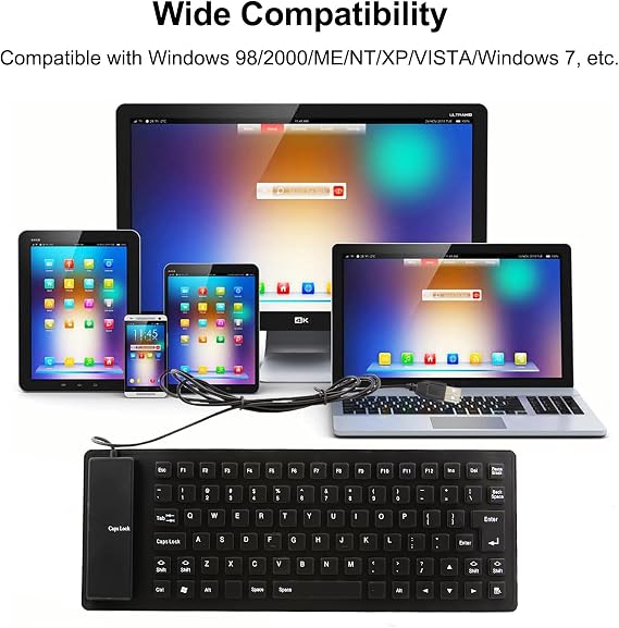 Folding Silicone Keyboard - Wired, Pocket Size, Slim, Flexible, Roll-up, USB, Waterproof, Dustproof, Travel Portable, 85 Keys, Soft Touch for Laptop, PC, Desktop, Tablet, Notebook (Black)