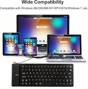Folding Silicone Keyboard - Wired, Pocket Size, Slim, Flexible, Roll-up, USB, Waterproof, Dustproof, Travel Portable, 85 Keys, Soft Touch for Laptop, PC, Desktop, Tablet, Notebook (Black)