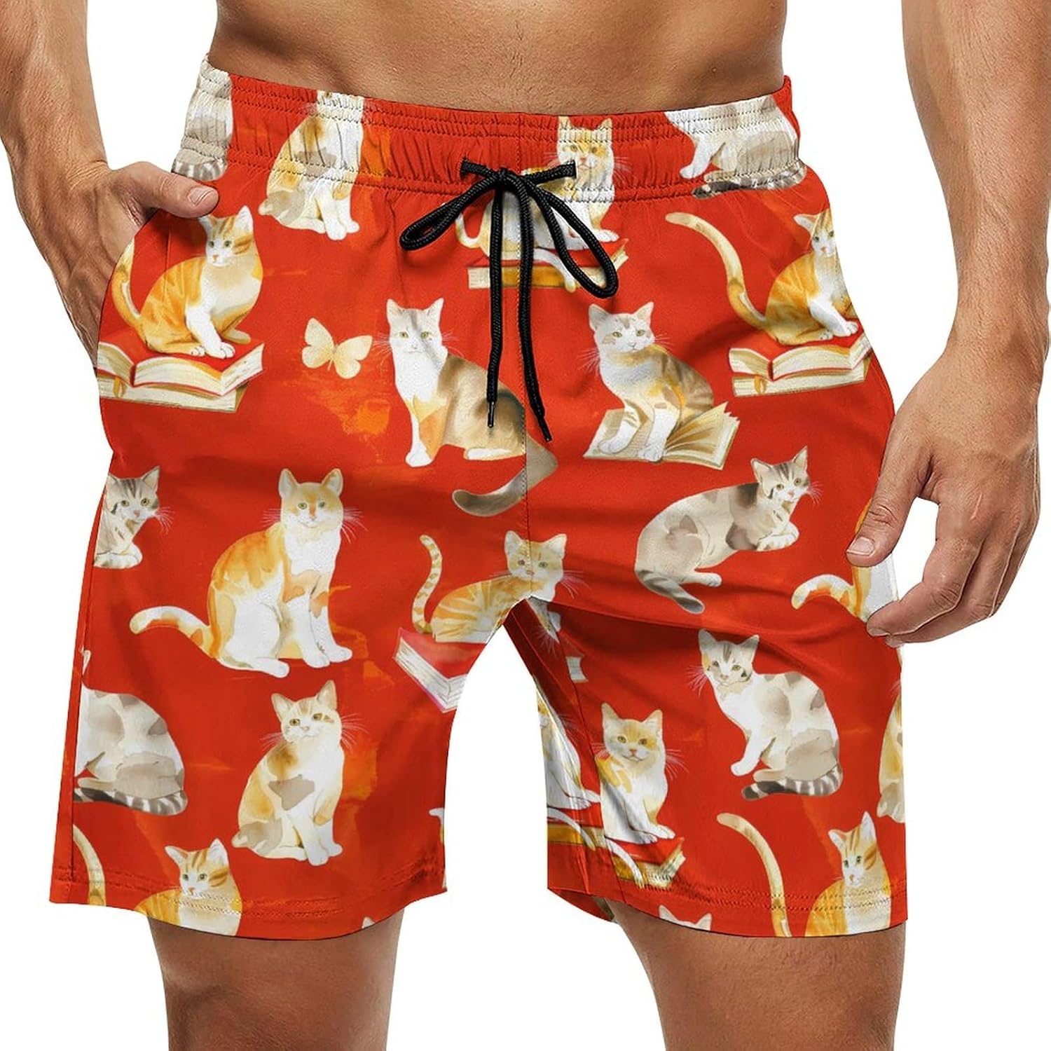Watercolor Cats and Books Casual Men's Swim Trunks Novelty Summer Beach Shorts Swimwear with Pocket
