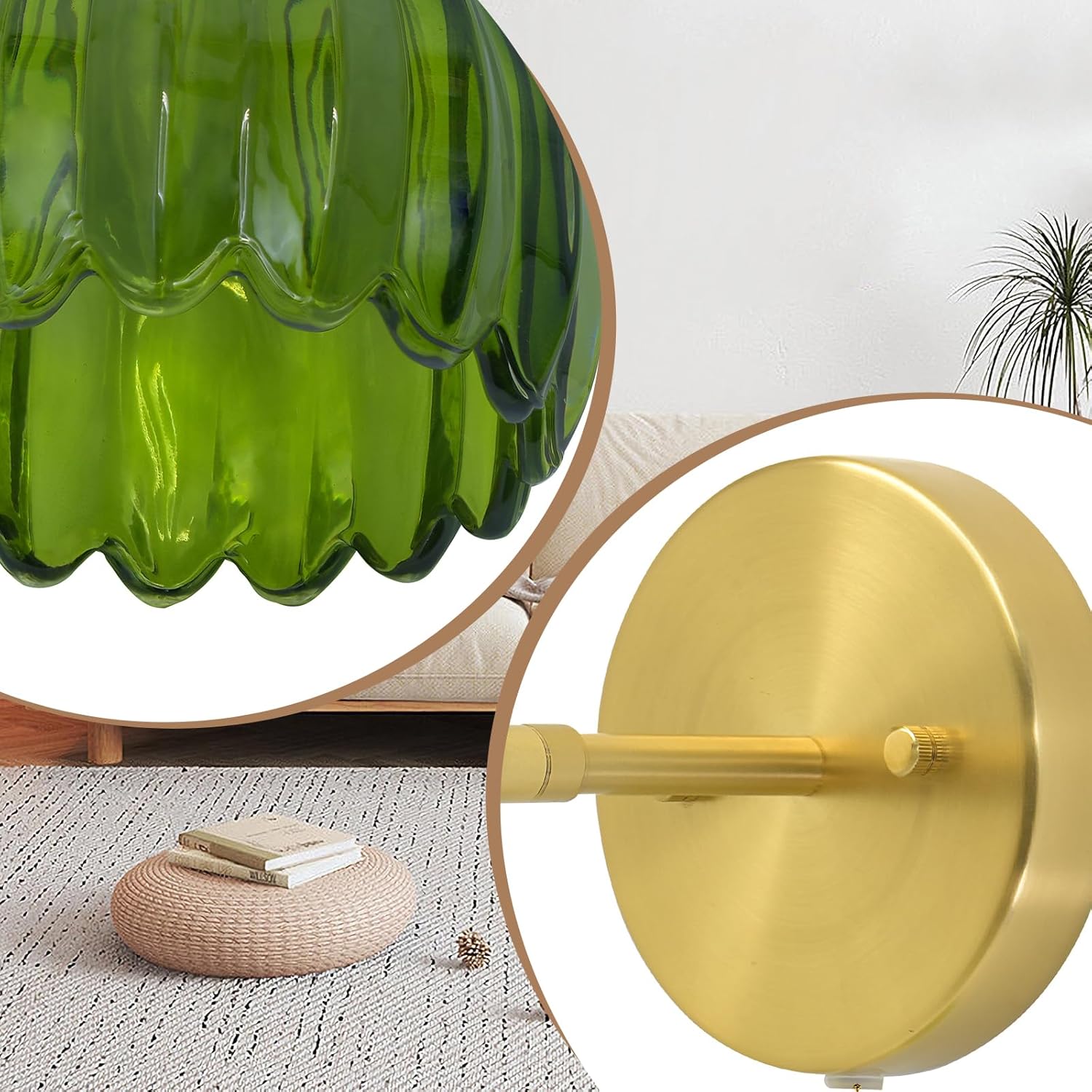 Vintage Modern Green Tulip Wall Sconce with Pull Chain Switch, Green Glass and Brass Metal Frame, 90 Degree Adjustable Lampshade, Living Room Bedroom Hallway