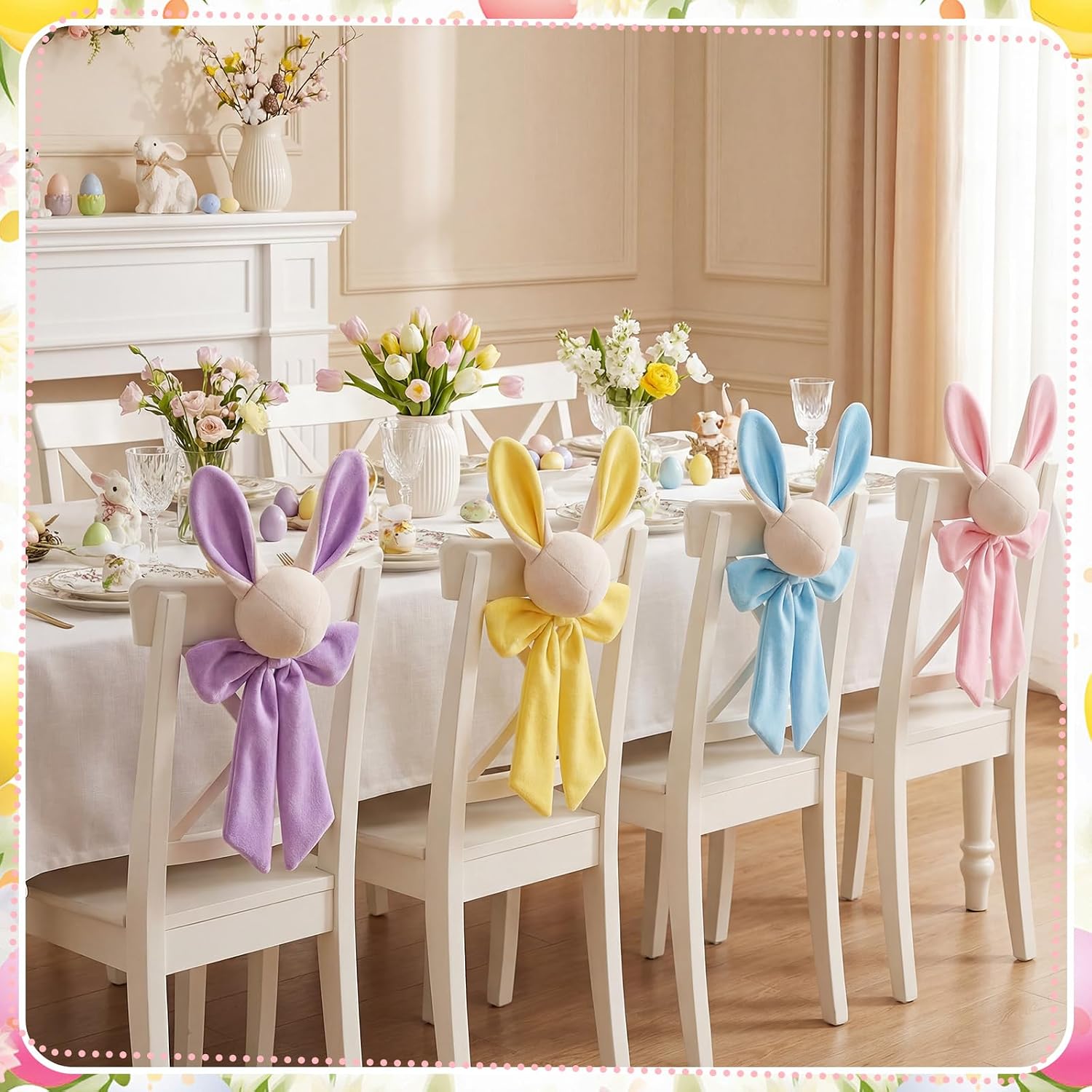 Honeydak 4 Pcs Easter Bunny Chair Covers Cute Colorful Pastel Rabbit Easter Chair Back Covers with Bow Chairs Tie Ornament Bunny Spring Chairs Cover for Dinning Table Holiday Birthday Party Decor