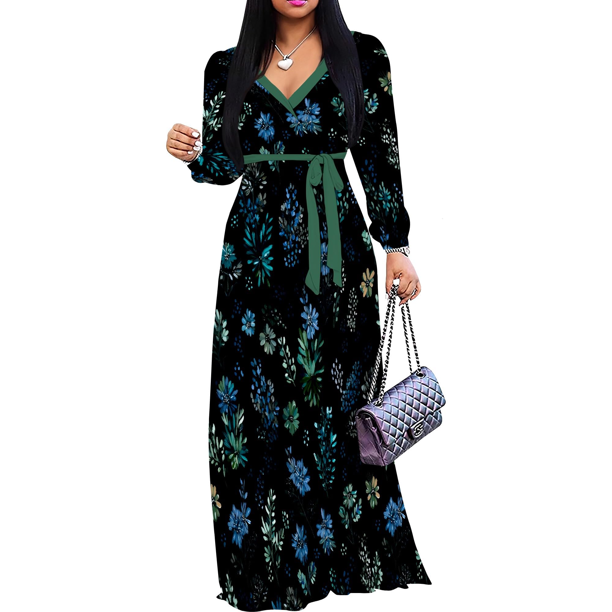 PinkPatty Women's Long Sleeve Maxi Dress Plus Size Trendy Wedding Guest Dress with Pockets&amp;Belt