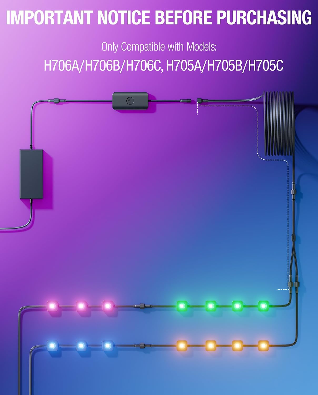Y-Splitter for Govee Permanent Outdoor Lights/Lights Pro, Y-Shaped Extension Cable (1 Female to 2 Male) Compatible with Govee H706A H706B H706C, H705A, H705B, H705C (Black)