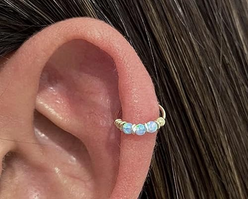 Vista 22 de Handmade Silver Single 10MM Cartilgae Helix Piercing Hoop Earring with Trio Blue Opal, 925 Sterling Silver Very Small 10MM Thin 22Gauge Hoop for