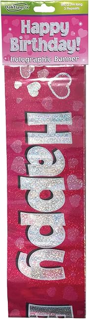 OakTree 624320" Happy Birthday Foil Holographic Banner, Pink, 9 ft