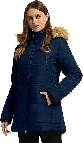 Miniatura 3 de wantdo Abrigo de invierno cálido para mujer, chaqueta puffer pesada tipo parka con capucha con ribete de piel