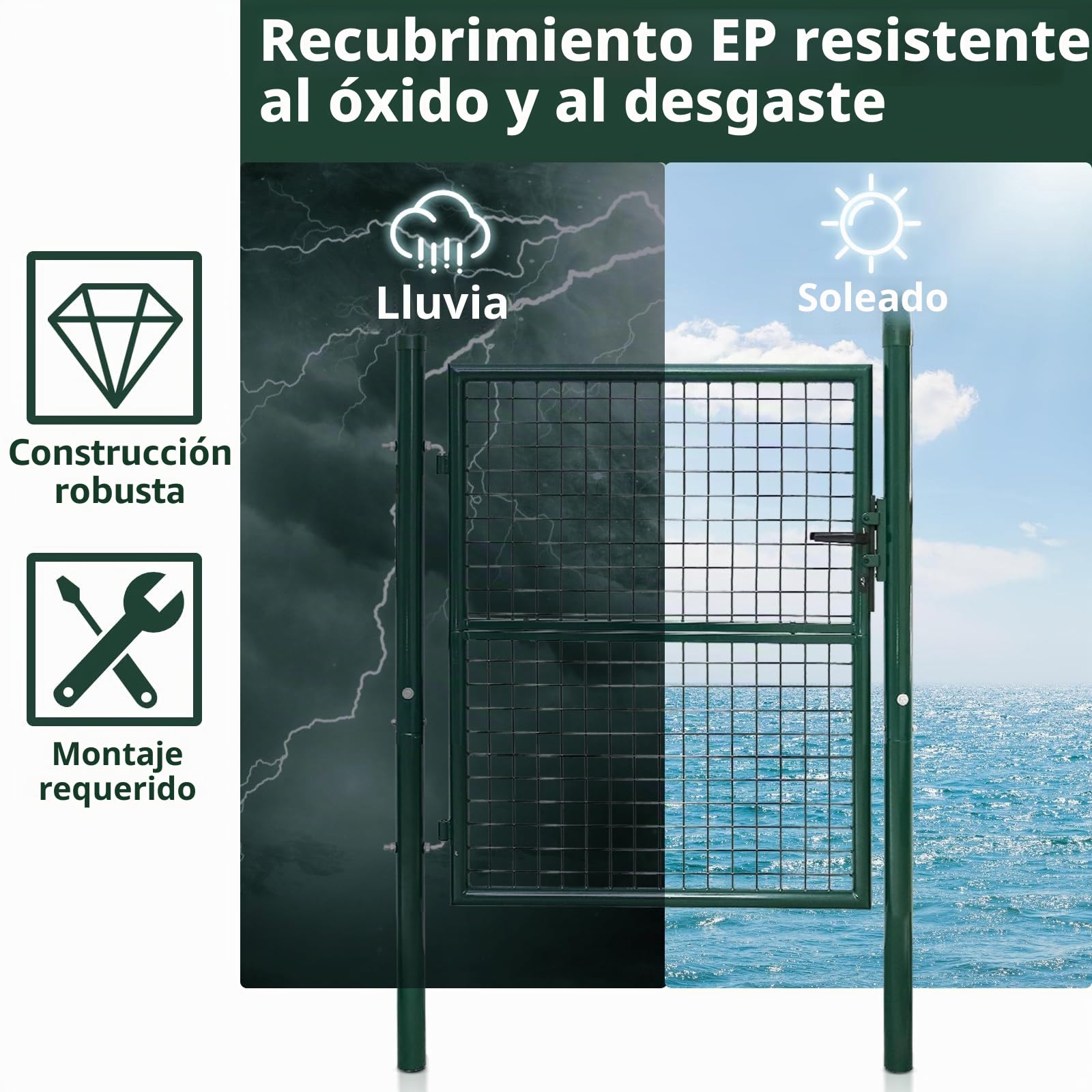 Fiqops Puerta de jardín, 100 x 100 cm, color verde, de acero galvanizado, incluye cerradura y 3 llaves, resistente a la intemperie, robusta y duradera