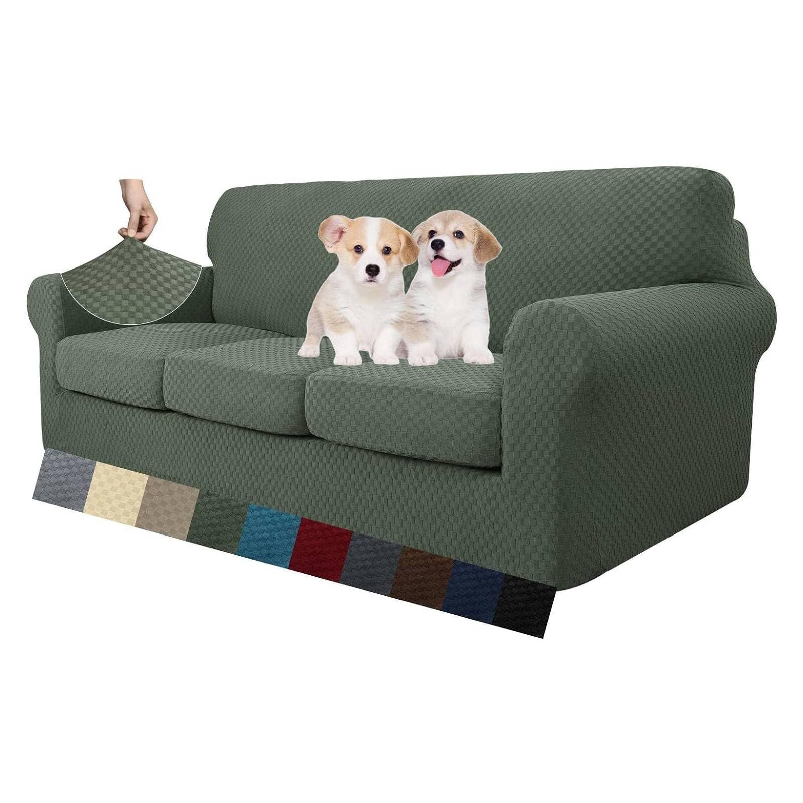 Housse de canapé extensible 3 places vert armée avec taie d'oreiller