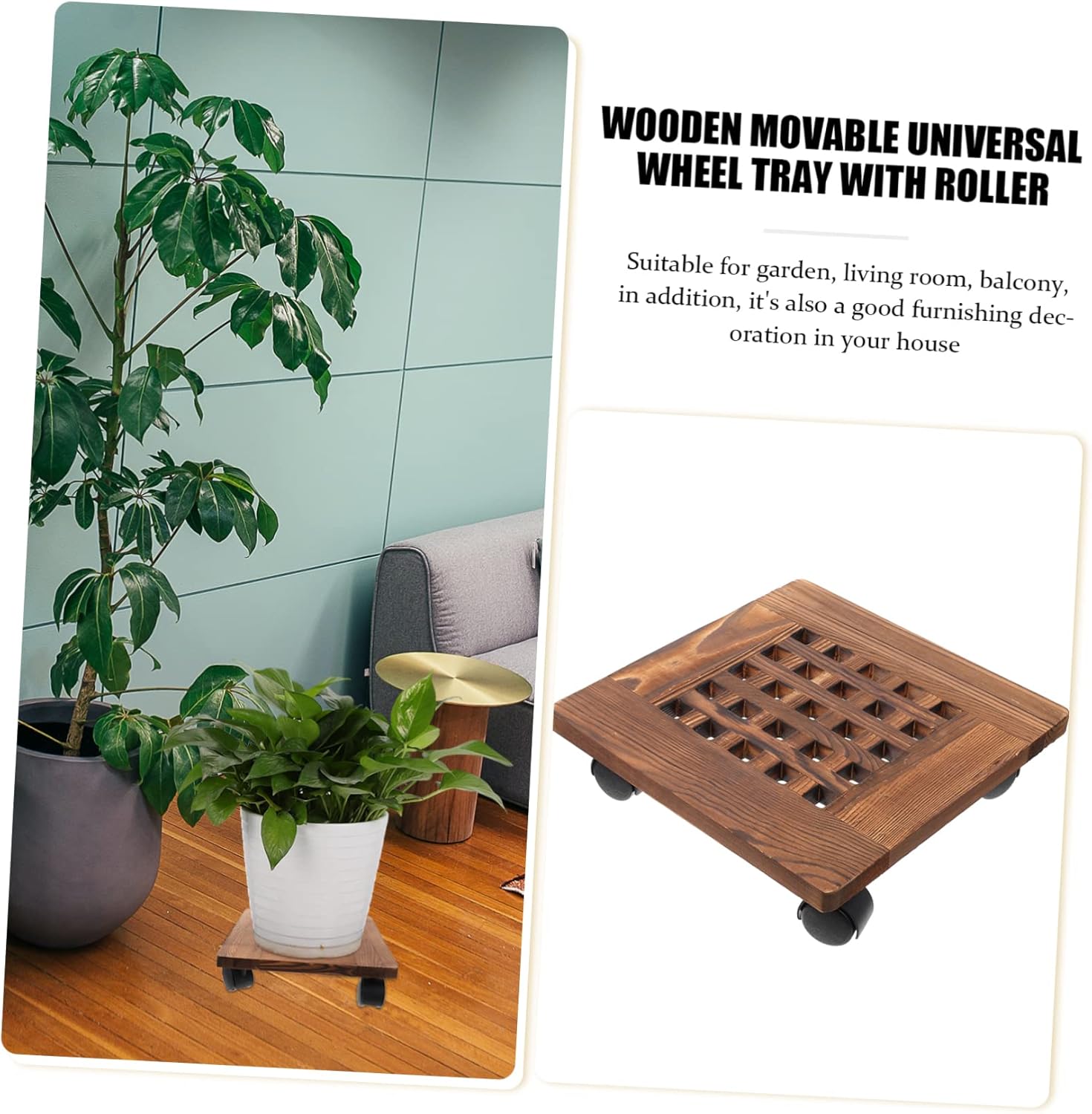 Mikikit Plant Pot Tray Solid Wood Planter Stand No-Install Wheels for Easy Movement