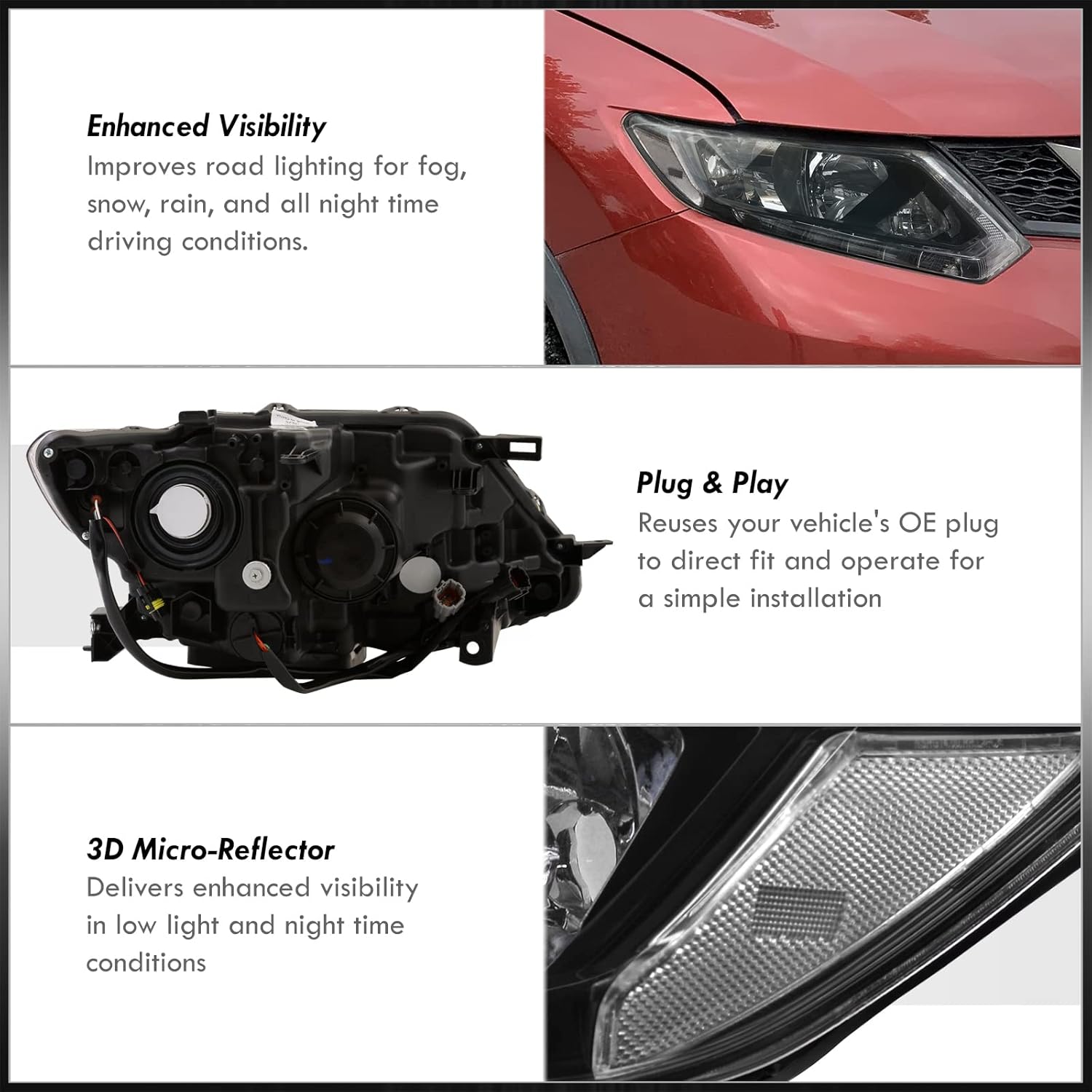 AJP Distributors Black Housing Clear Lens Reflector Corner Signal LED DRL Headlights Lamps Assembly Pair Set Left+Right Compatible/Replacement For Rogue S SL SV Halogen Models 2014 2015 2016 14 15 16