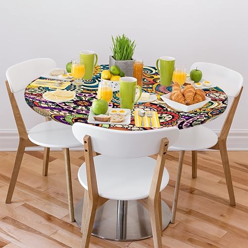 Vista 207 de Pardick Mantel redondo ajustable con diseño de flores de arte en acuarela con mantel elástico, mantel elástico redondo, impermeable, lavable, se