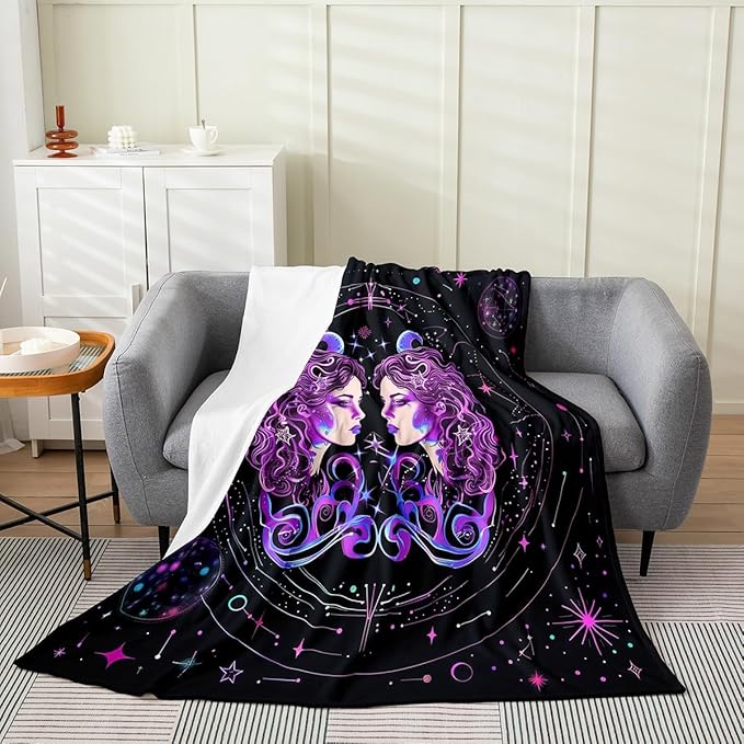 Gemini Print Fleece Blanket Throw 50x60 Boho Constellation Blanket for Kids Hippie Exotic Girl Flannel Blanket Bedroom Decor Mysterious Starry Galaxy Bed Blanket Lightweight