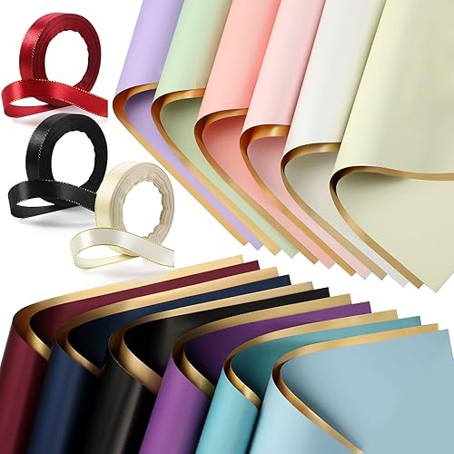 120 hojas de papel de regalo de flores doradas de doble cara, papel de embalaje impermeable de floristería y 3 rollos de cinta de poliéster con