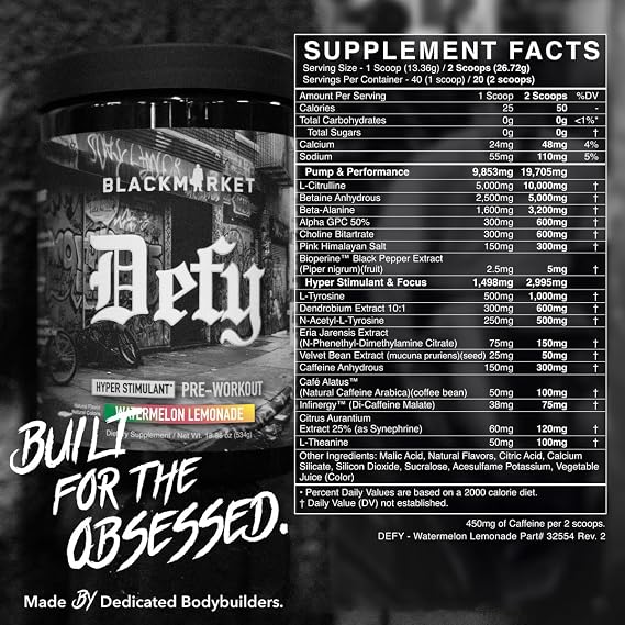 BLACKMARKET DEFY High-Stimulant Pre-Workout Powder | 450mg Caffeine, Eria Jarensis, Dendrobium, L-Citrulline | Watermelon Lemonade Flavor | Intense Energy, Pump & Focus | 40/20 Servings