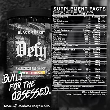 BLACKMARKET DEFY High-Stimulant Pre-Workout Powder | 450mg Caffeine, Eria Jarensis, Dendrobium, L-Citrulline | Watermelon Lemonade Flavor | Intense Energy, Pump & Focus | 40/20 Servings