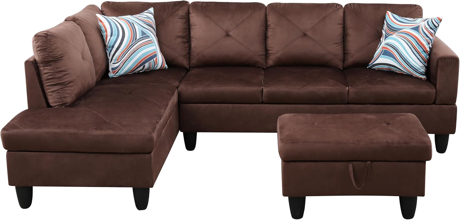 3-Piece Microfiber L-Shaped Sectional Couch Set with Storage Ottoman & Chaise Lounge, 97 in Modern Large Corner Modular Sofa w/Left Armrest for Apartment, Living Room Furniture Set (Brown)
