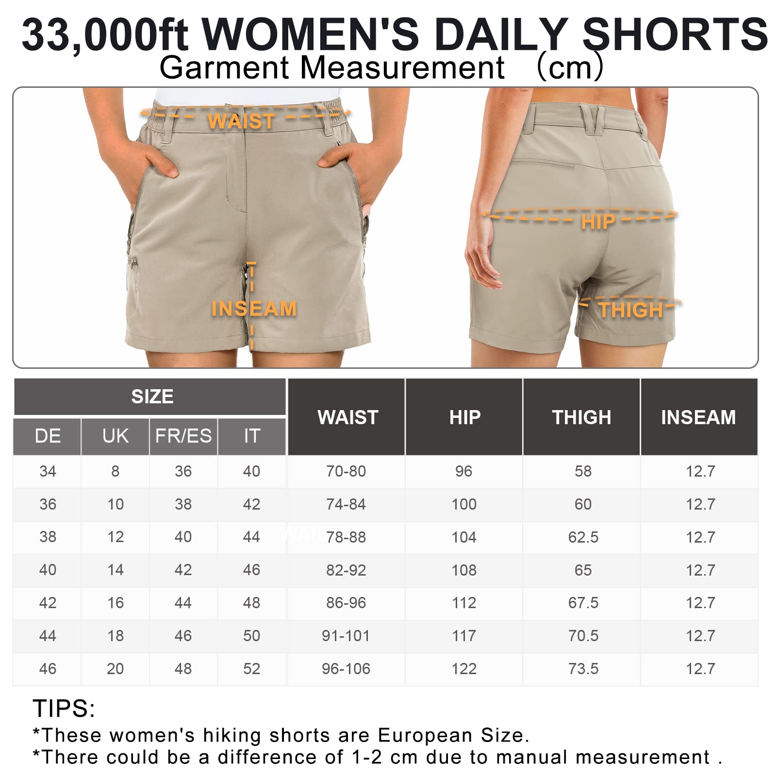 33,000ft Pantaloni corti da trekking, da donna, elasticizzati, leggeri, estivi, UPF50+, per escursioni, campeggio, viaggi